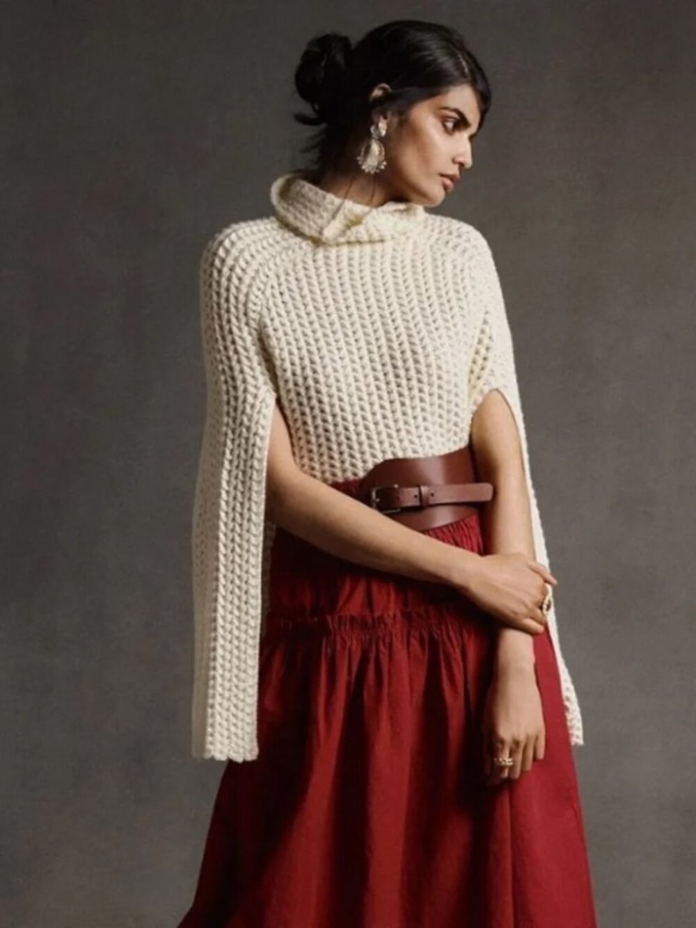 Anthropologie Bell Sleeve Knit Poncho Turtleneck Sweater Cream